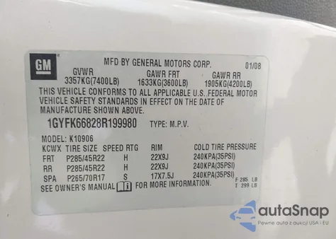 2008 Cadillac Escalade Esv Standard from USA, damaged, VIN 1GYFK66828R199980